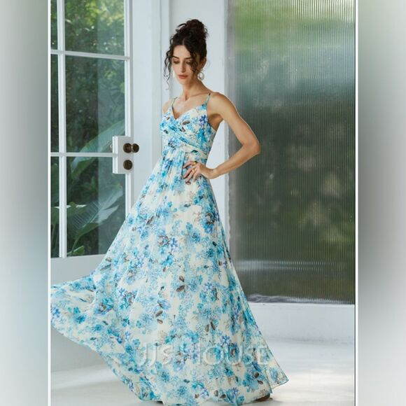 JJs House Dresses & Skirts - JJ’s HOUSE floral chiffon maxi dress v-neck spaghetti straps sz 10 NWT blue